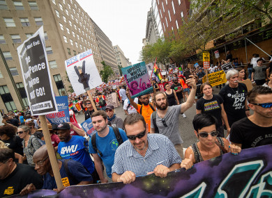 Counter protestors march toward Lafayette Square during the Unite the Right rally in Washington DC