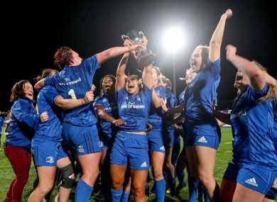 Leinster's Sene Naoupu celebrates after the game with her teammates.