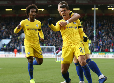Alvaro Morata celebrates scoring at Turf Moor.