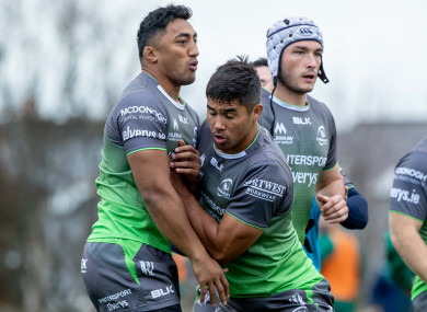 Bundee Aki and Jarrad Butler in training earlier this week.