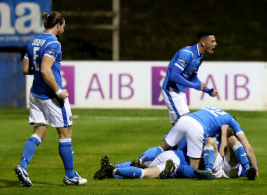 Finn Harps' John Kavanagh celebrates his goal with team-mates.