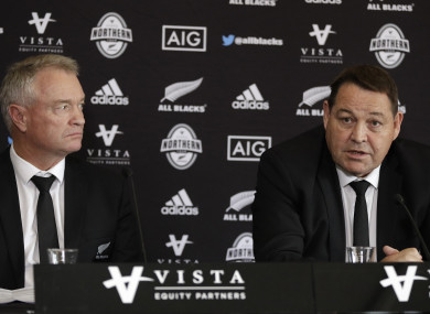 New Zealand head coach Steve Hansen (right) and selector Grant Fox earlier today.