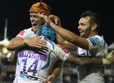 Exeter celebrate Jack Nowell's try last night.