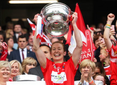 Rena Buckley lifts the O'Duffy Cup after Cork's All-Ireland final victory over Kilkenny in 2017.