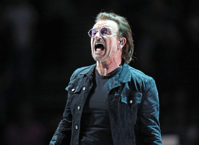 Bono (Paul Hewson) performs on stage at the O2 Arena, London.