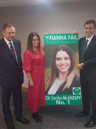 Eamon Ó Cuív (L) in Tyrone launching Sorcha McAnespy's campaign with Senator Mark Daly.