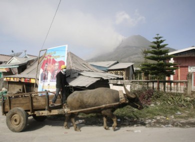 A villager rides a buffalo cart with a backdrop of Mount Sinabung, in Karo, North Sumatra, Indonesia