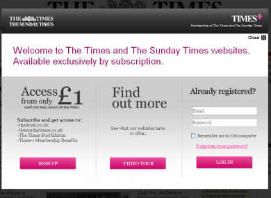 Users visiting the Times and Sunday Times' websites since July have been asked to subscribe to read their content.