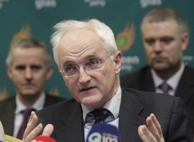 John Gormley speaks to the media at the Greens' think-in this lunchtime, as Ciaran Cuffe (L) and Niall Ó Brolcháin look on.