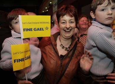Fine Gael supporters cheer Enda Kenny in Castlebar, Co Mayo, this evening.