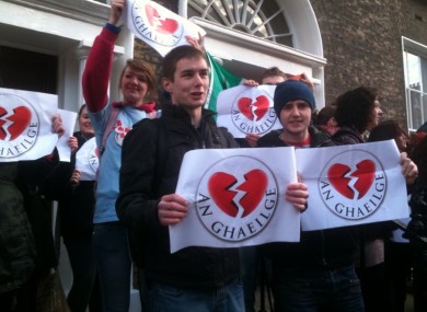 Irish language students protest across from FG headquarters at lunchtime today