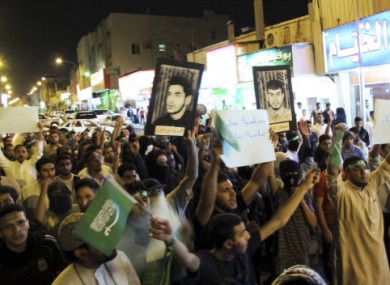 Saudi Shiite protesters in Qatif yesterday.