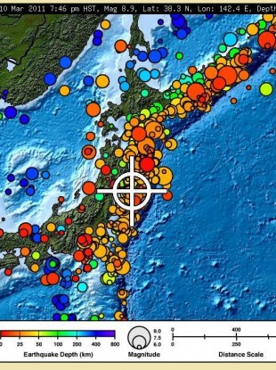 The closer to the colour red the spot is, the closer to the surface the quake focus was in this map of Japan. Image: Pacific Tsunami Warning Center.