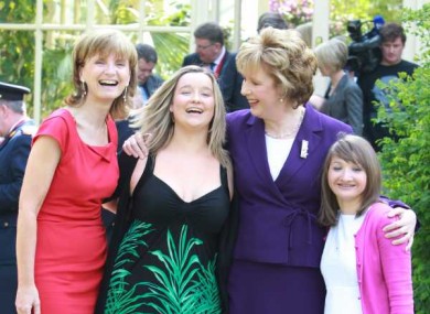 Adi Roche (in red) and President McAleese with Anna Gabriel and Raisa Carolan from Chernobyl.