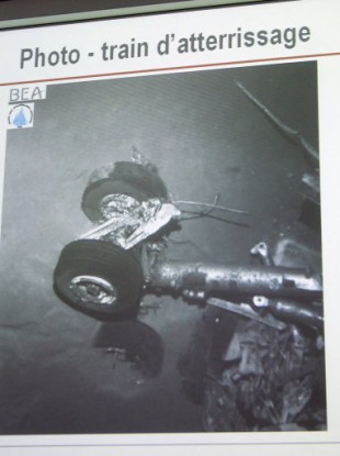 A picture of the crashed Air France flight 447 landing gear shown at a press conference in April 2011.