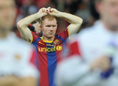 Paul Scholes stands dejected following their defeat to Barcelona during the UEFA Champions League Final on Saturday night.
