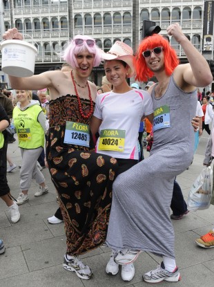 From left to right: Erika Birch, Dave Campbell and Stephen Walsh from Drogheda at the Women's Mini Marathon in Dublin city centre today.