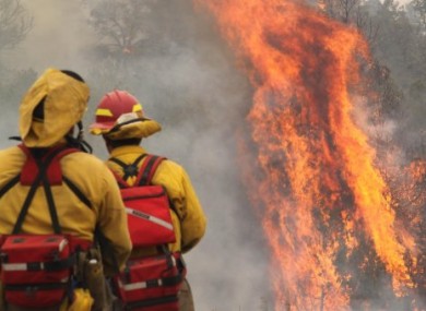 Two firefighters working along a main road near Nutrioso Arizona yesterday.