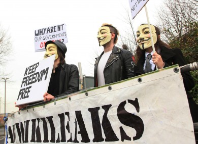 Protesters from Anonymous demonstrate outside Belmarsh Magistrates Court, London, at an extradition hearing of WikiLeaks founder Julian Assange last February.