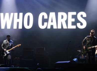 The Edge and Bono perform on stage at Glastonbury recently.
