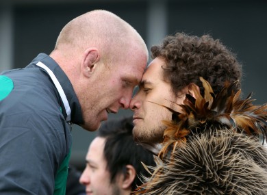 Paul O'Connell is welcomed by a member of a Kapa Haka group.