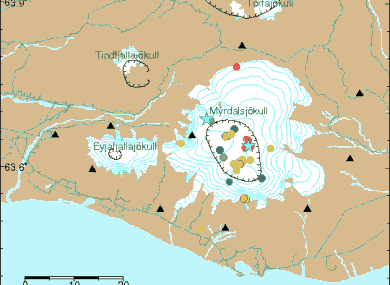 The seismic activity has clustered underneath Katla, which is outlined by the large black ring on the right.