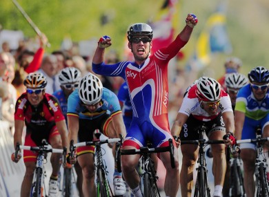 Cavendish crosses the line to take last month's World Championships road race.