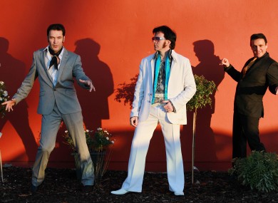 James Murray from the Scottish team (centre), Thomas Gilson from Ireland (left) and Juan Lozano from the Welsh team, all contestants in the All Ireland Elvis Festival at Fairways Hotel, Dundalk Co Louth today