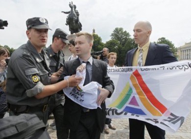 Police interrupt a gay rights protest in St Petersburg in June 2011.