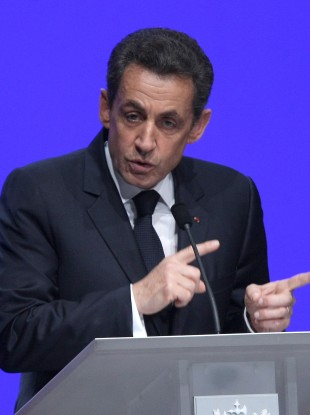 Sarkozy delivering his speech in Toulon, France, earlier this evening