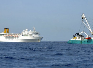 Photo take yesterday of the French fishing boat The Trevignon towing the Allegra.