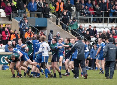 A row breaks out right before the half-time whistle in Clones.