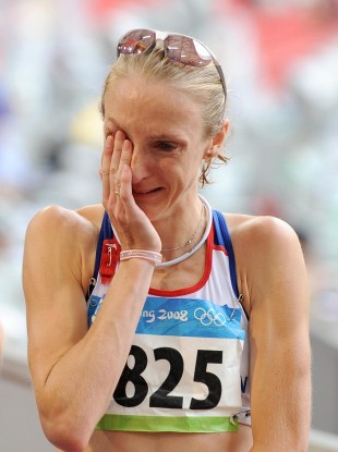 Paula Radcliffe after finishing the Women's Marathon at the 2008 Beijing Olympics.