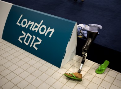 The prosthetic leg of swimmer Elizabeth Stone from the United States is seen as she trains at the Aquatic Centre.