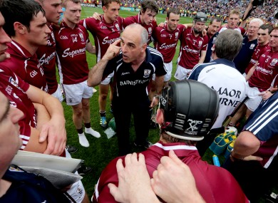 Galway's manager Anthony Cunningham speaks to his team after the game.