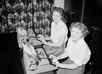 Typists Margaret Mitchell (l) and Barbara Stack (r) at their typewriters as they prepare to represent Great Britain at the World Typing Championships to be held in Monaco in 1955. We think their office equipment has already gone the way of the dodo.