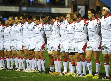 Ulster players during the minute silence in memory Nevin Spence