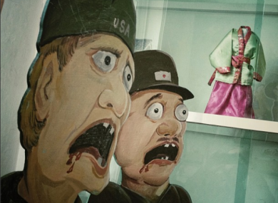 Caricatures of American and Japanese soldiers in a Pyongyang classroom, North Korea.