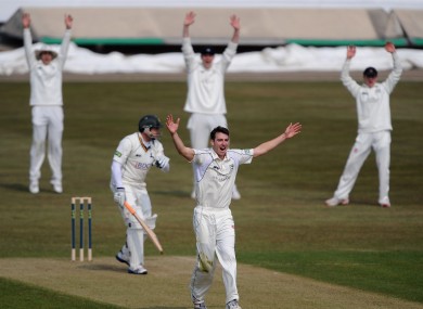 Middlesex's Toby Roland-Jones appeals successfully for the LBW of Nottinghamshire's Michael Lumb for a first ball duck.