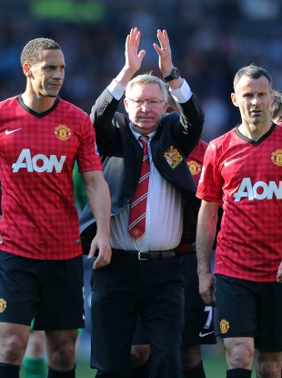 Ferguson flanked by Ryan Giggs and Rio Ferdinand after the game.