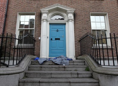 A homeless person's sleeping bag in a doorway on Kildare Street just yards from the gates of Leinster House, Dublin.