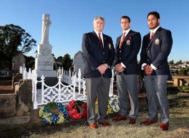 Lions tour manager Andy Irvine with tour captain Sam Warburton and Manu Tuilagi.