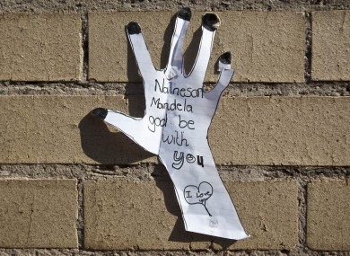 A get-well message left by a wellwisher hangs on the wall of the Mediclinic Heart Hospital where former South African President Nelson Mandela is being treated in Pretoria.