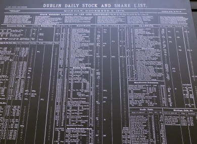 A black board showing the Dublin daily stock and share lists from the 2 December, 1878 at the Irish Stock Exchange in Dublin.