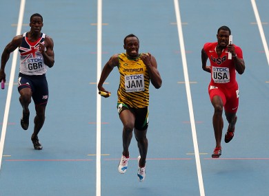 Jamaicia's Usain Bolt (centre) wins the 4x100 metres relay final.