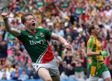 Donal Vaughan celebrates scoring a goal against Donegal.