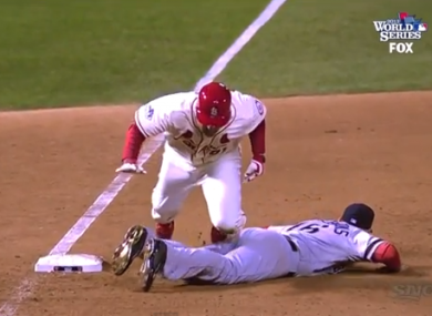 Allen Craig goes for a tumble after failing to vault Will Middlebrooks.