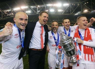 Sligo Rovers' Alan Keane, manager Ian Baraclough, Raffaele Cretaro, Danny Ventre and Danny North celebrate with the cup after winning the FAI Cup.