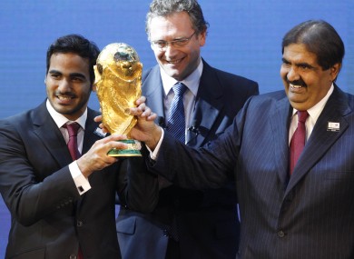 FIFA Secretary General Jerome Valcke (middle) with Mohamed bin Hamad Al-Thani, Chairman of the 2022 bid committee (left) and Hamad bin Khalifa Al-Thani.