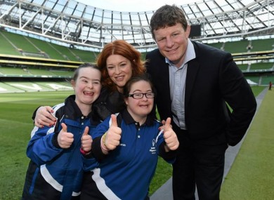RTÉ presenter Blathnaid Ni Chofaigh and former Irish and Leinster player Malcolm O'Kelly with Orla Kearns and Kim O'Kelly from Naas at the launch of Leinster's Special Olympics team in May.